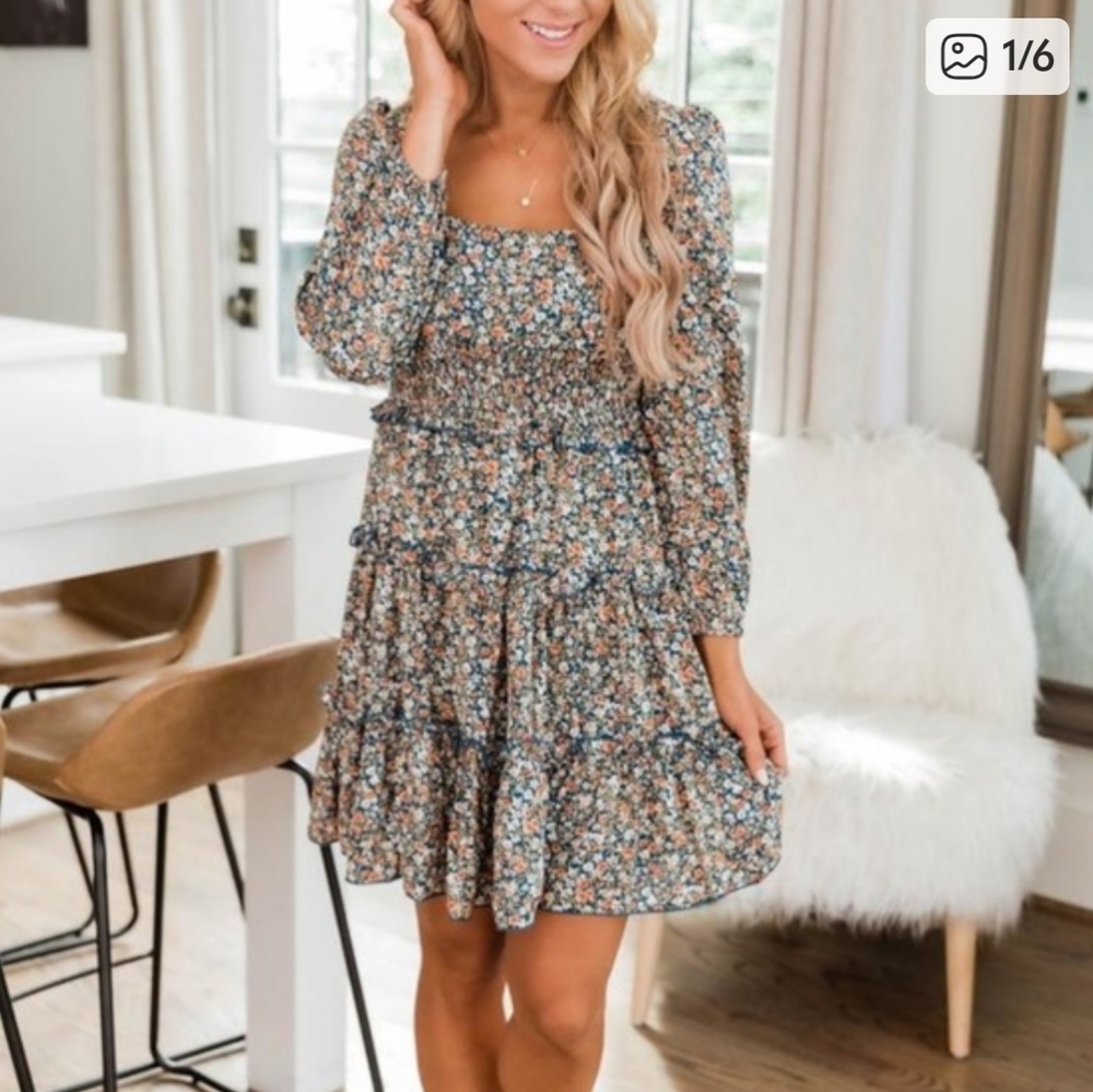Pink Lily Floral Smocked Tiered Mini Dress in Navy Multi